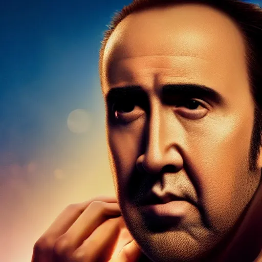 Image similar to Nicolas Cage is ultra fast blazing lasers, epic scenery, dramatic lights, dynamic laser beams, ultra realistic, hyperrealism, octane render, 8k, super sharp, crisp edges, smooth symmetrical face, golden ratio, 16k,