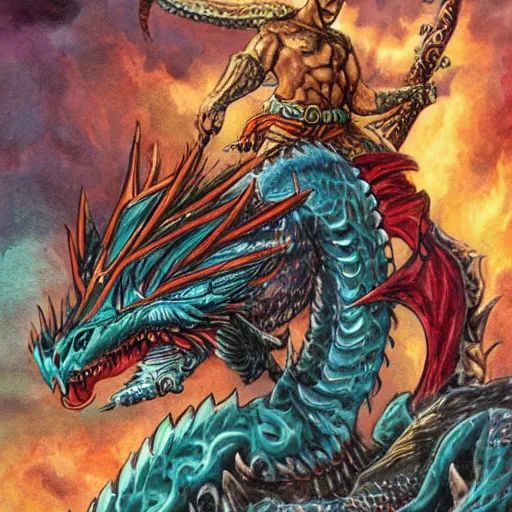 Prompt: full - color fantasy art by chris achilleos of a male barbarian riding a serpent - like dragon.