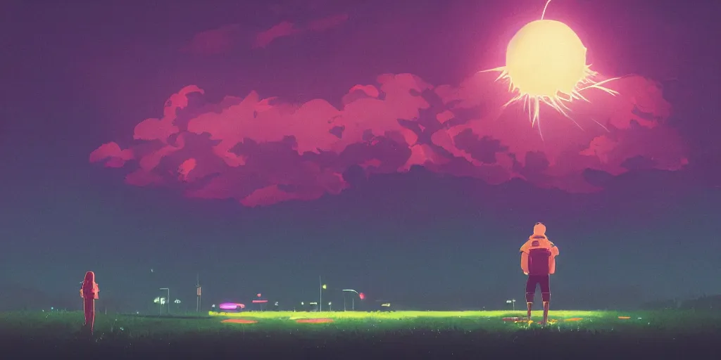 Image similar to Portrait using the Rule of Thirds, focusing on an alien frog invasion, the sun is exploding, Portrait, Very Cloudy Sky, Sun, Neon Lights, Rule of Thirds, perspective, Retrofuturism, Studio Ghibli, Simon Stålenhag