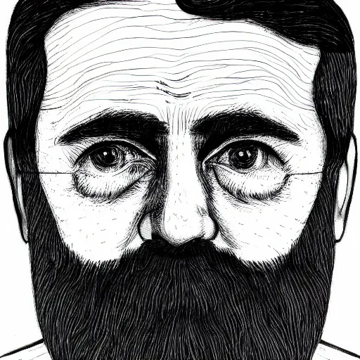 Image similar to portrait, face, symmetrical, half old bearded man, half young boy, outline pen drawing