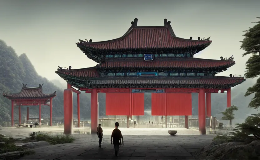 Image similar to exterior shot of utopian train station on in the middle of an ancient chinese temple hill with cinematic lighting by peter zumthor and renzo piano, darek zabrocki and greg ruthkowski, simon stalenhag, cinematic, holy place, paradise, scifi, futurism, atmospheric, concept art, artstation, trending on artstation