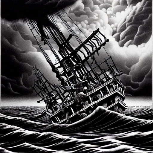 Prompt: a highly detailed hyperrealistic scene of a ship being attacked by giant squid tentacles, jellyfish, squid attack, dark, voluminous clouds, thunder, stormy seas, pirate ship, dark, high contrast, yoji shinkawa, scary, m.c. Escher, highly detailed, brutal, beautiful, octopus arms attacking the ship from the storm, illusion, artgerm