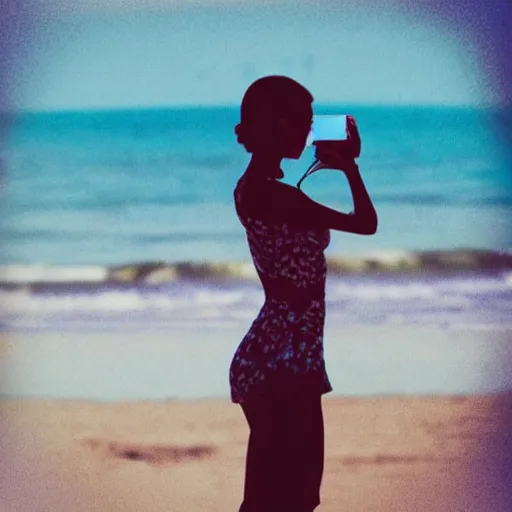 Prompt: “a silhouette of a woman on a beach taking a selfie with lots of hearts in the air photorealistic ”