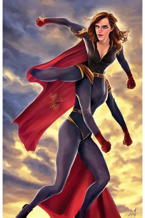 Prompt: Emma Watson as the superhero Captain Hogwarts, highly detailed, artstation, sharp focus, illustration, art by joe jusko