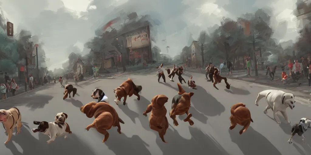 Image similar to landscape of people running from a giant obese dog, very scared, digital art, artstation