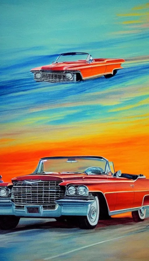 Prompt: far away, top down shot, 1 9 6 3 cadillac convertible driving down empty highway into a bright orange sunrise, water painting, high detail