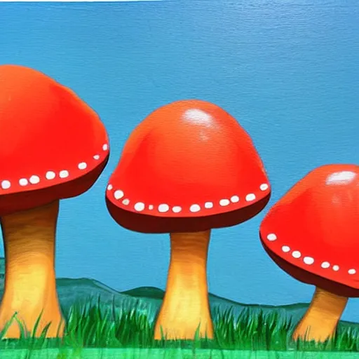 Image similar to modern painting giant mushrooms with red caps in a forest that is bright and cheerful