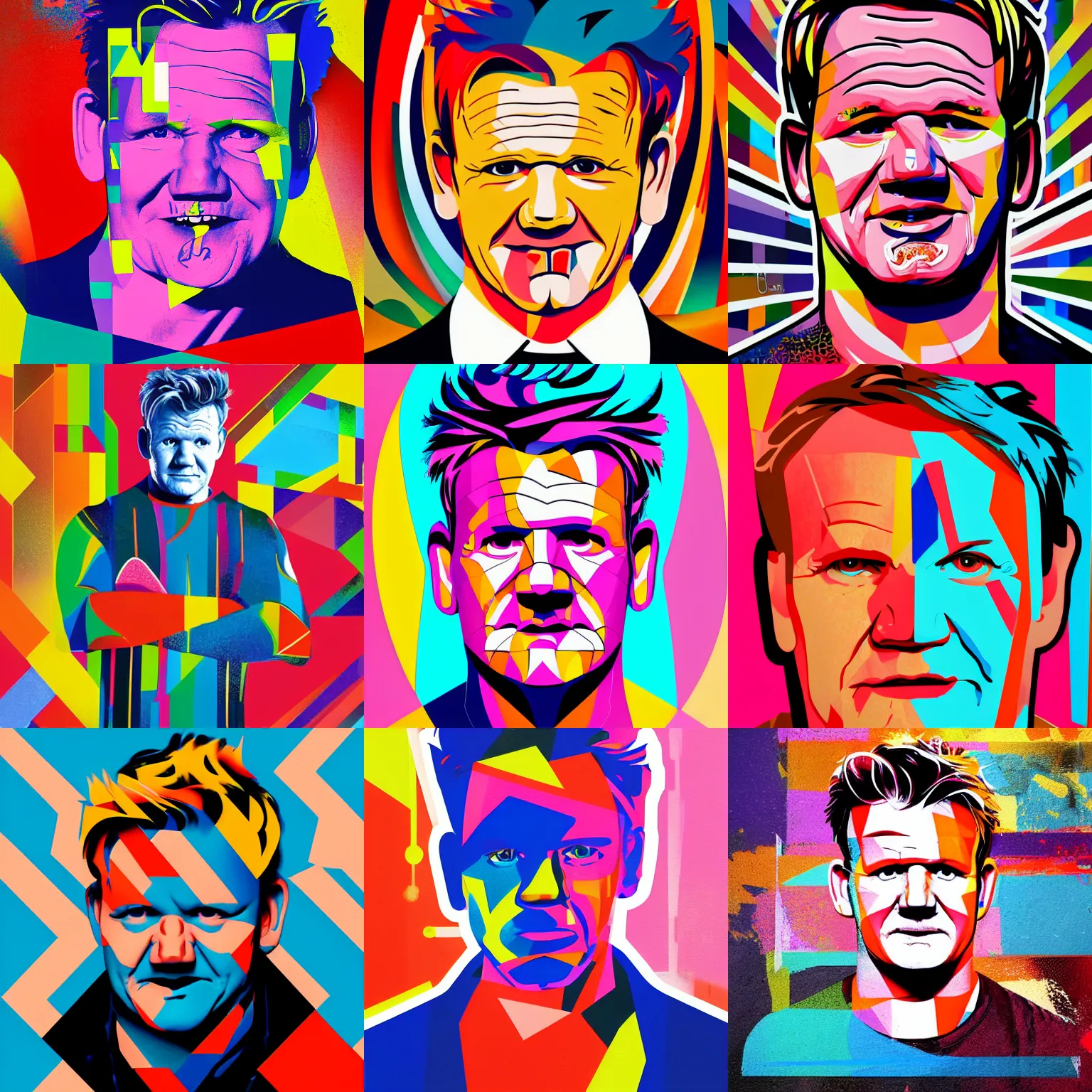 Prompt: A portrait of Gordon Ramsay, geometric shapes, rounded corners, candy colors, spray paint, bold graphics. geometric art