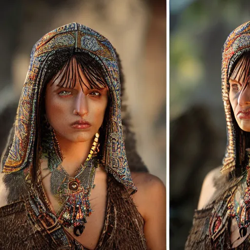 Image similar to portrait of a stunningly beautiful persian tribal female, depth of field, zeiss lens, detailed, symmetrical, centered, fashion photoshoot, by Annie Leibovitz and Steve McCurry, David Lazar, Jimmy Nelsson, Breathtaking, 8k resolution, extremely detailed, beautiful, establishing shot, artistic, hyperrealistic, beautiful face, octane render