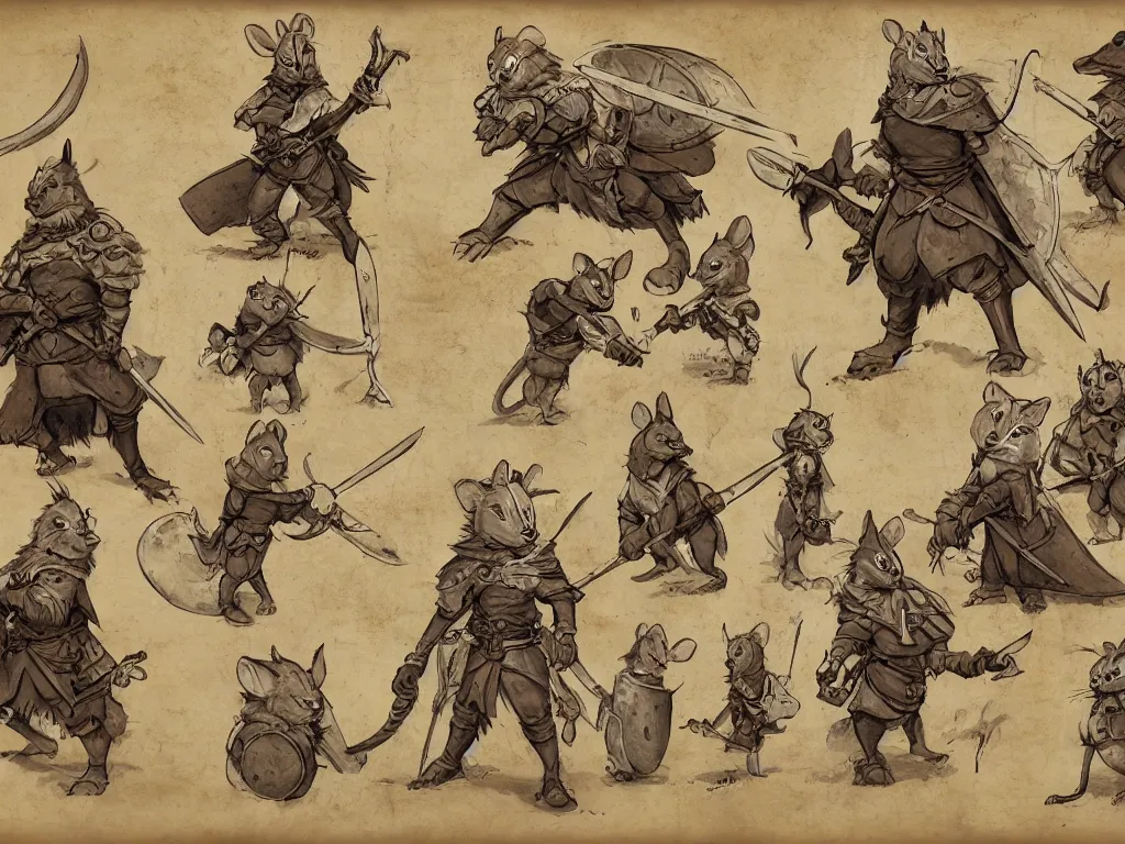 Image similar to character design sheet for a heroic mouse knight with sword and shield on a parchment background, redwall, greg rutowski and jean baptiste monge, very very detailed, epic fantasy concept art