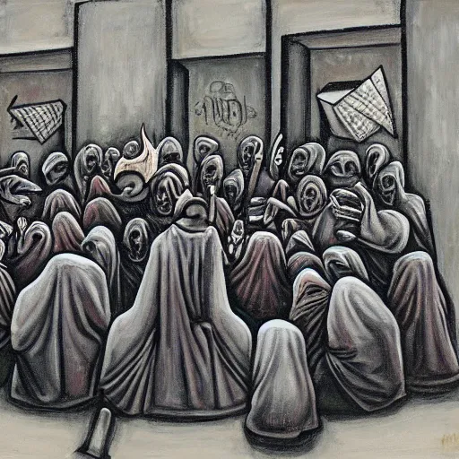 Image similar to several hooded disciples in purge masks, gathered in a brutalist courtyard, performing incantations over a fire in a barrel, by PJ Crook, oil on canvas