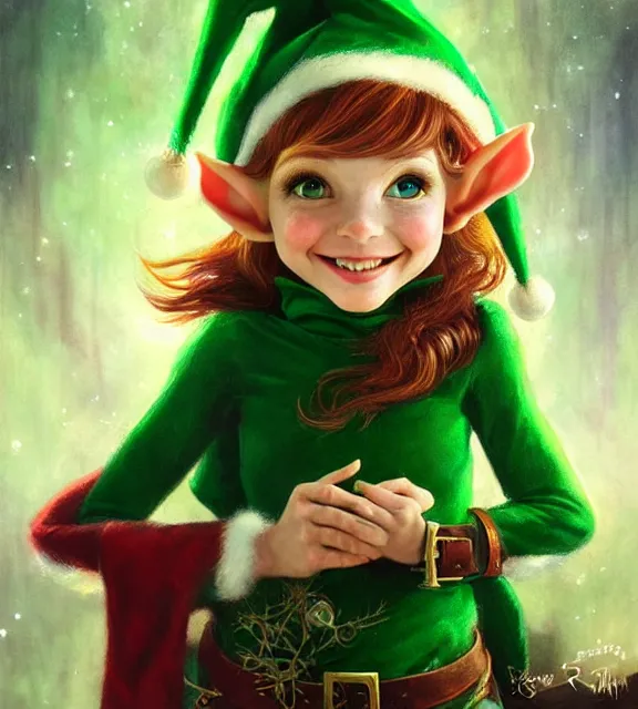 Prompt: cute elf smiling in santa's workshop, perfect face, symmetrical eyes, green clothes, auburn hair, cinematic, blush, stunning, elegant, highly detailed, psychedelic, digital painting, artstation, smooth, hard focus, illustration, art by jessica rossier and and brian froud