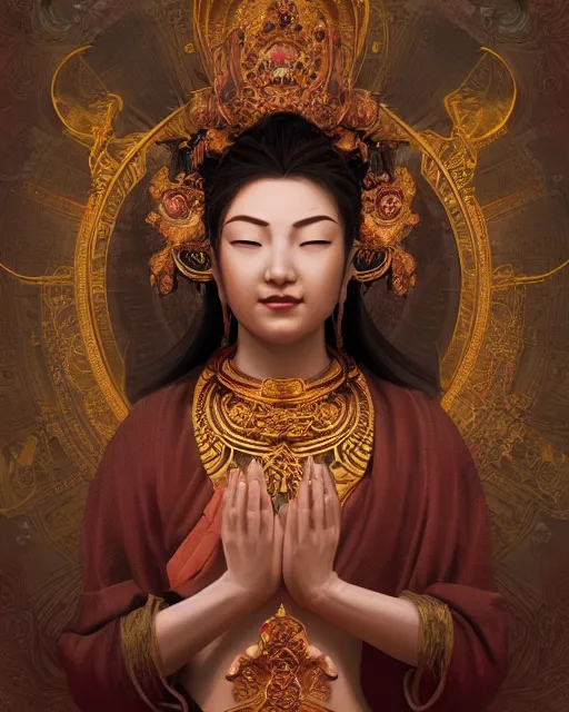 Prompt: portrait of a smiling bodhisattva, praying meditating, elegant, intricate, cinematic, ornate, in the style of raymond swanland and charlie bowater and fenghua zhong