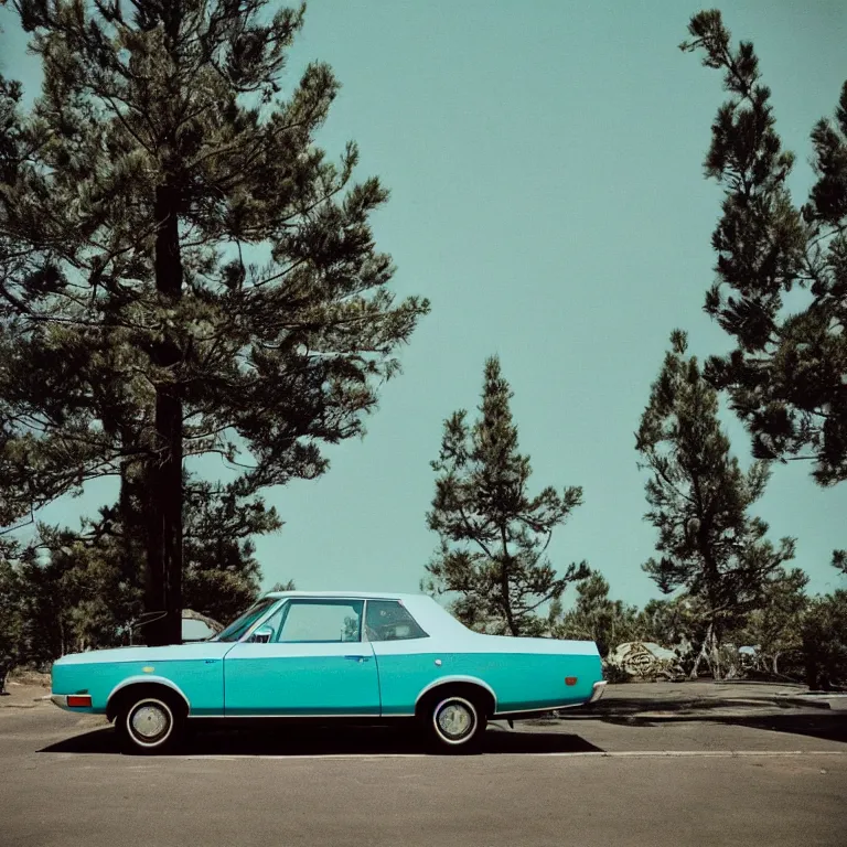 Image similar to 1 9 7 0 s car parked by the pine tree, film photo, soft lighting album cover, nostalgia, turquoise gradient