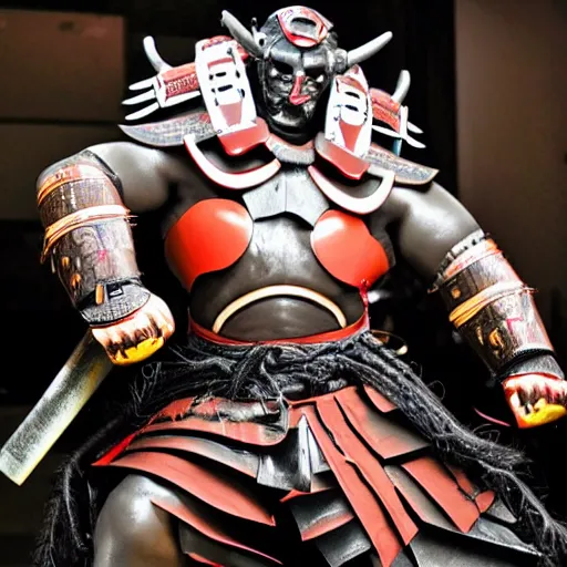 Image similar to big buff strong very big samurai wearing cyber oni mask