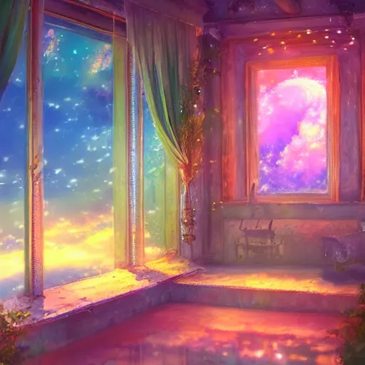 Prompt: a heavenly dream view from the interior of my cozy dream world filled with color from a Makoto Shinkai oil on canvas inspired pixiv dreamy scenery art majestic fantasy scenery fantasy pixiv scenery art inspired by magical fantasy exterior illumination of awe and wonderful magical lantern world