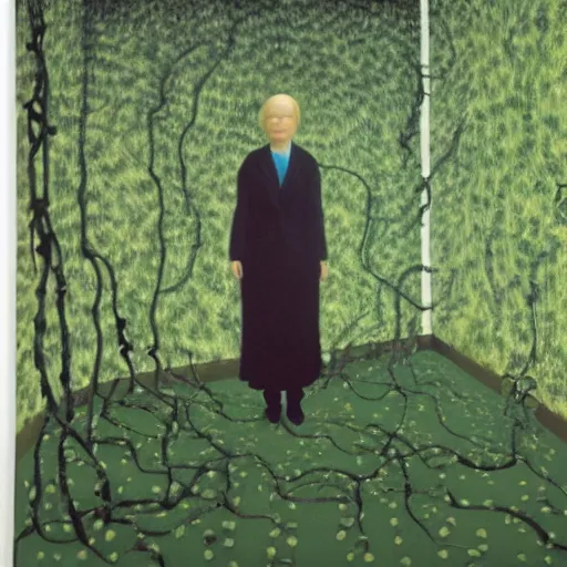 Image similar to portrait an artist in her apartment, wrapped in vines, black walls, puddles, moss, stone, acrylic on canvas, by magritte