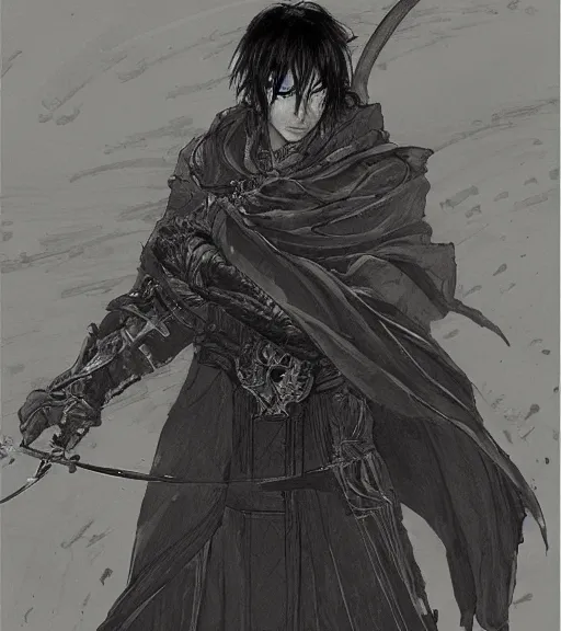 Image similar to portrait of anime man with long hair wearing a dark robe holding a rapier, pen and ink, intricate line drawings, by craig mullins, ruan jia, kentaro miura, greg rutkowski, loundraw