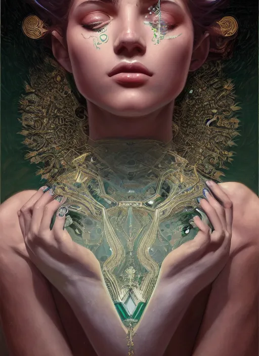 Prompt: symmetry!! jade, machine parts embedded into face, intricate, elegant, highly detailed, digital painting, artstation, concept art, smooth, sharp focus, illustration, art by artgerm and greg rutkowski and alphonse mucha, 8 k