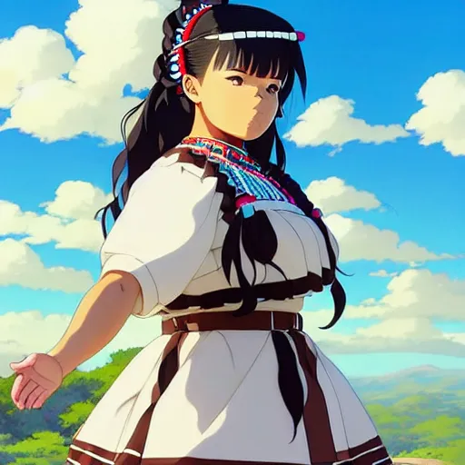 Image similar to a beautiful! plus sized native women instagram model, brown skin, wearing elegant catholic school girl designer fashion with mayan pattern and native style, aztec street fashion, gapmoe yandere grimdark, trending on pixiv fanbox, painted by greg rutkowski makoto shinkai takashi takeuchi studio ghibli, akihiko yoshida