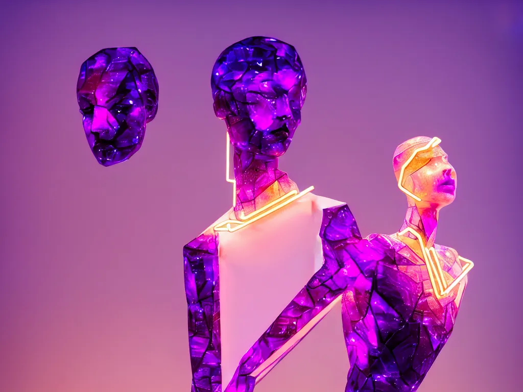 Image similar to beautiful mannequin sculpted out of amethyst by billelis + lit with geometric neon + kintsugi, facing a doorway opening with neon pink geometric light + gold geometric cubed bonsai trees, clean linework, dramatic, finely detailed, rule of thirds, moody, award winning, 4 k, trending on artstation, photorealistic, volumetric lighting, octane render