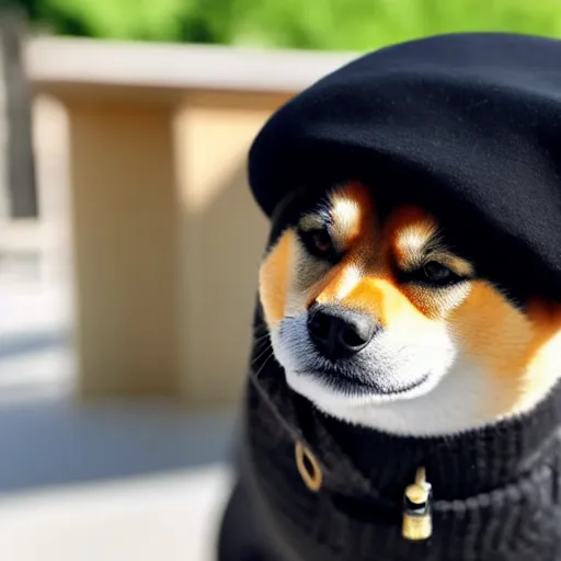 Image similar to A Shiba Inu dog wearing a beret and black turtleneck