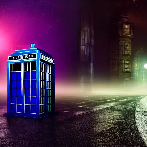 Image similar to a hyperdetailed photograph of the tardis sat on a futuristic street corner, night, dense fog, rain, hd, 8 k resolution