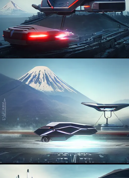 Image similar to a futuristic dieselpunk tesla cyber truck vehicle hover craft in the future of 2 0 8 9 futuristic version, cyberpunk look. digital art. trending on artstation. cyberpunk look hovering by mount fuji early in the morning with a few blossom trees around, high quality photo