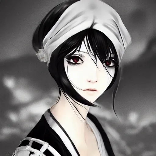 Image similar to heroine, beautiful, sui ishida with black hair art manga, hyperrealistic, highly detailed, a real photographic, digital art, digital art, 8 k, character, realistic, portrait, female samurai, symatrical, dark atmospheric lighting, manga style, artstation, symetric, lineart