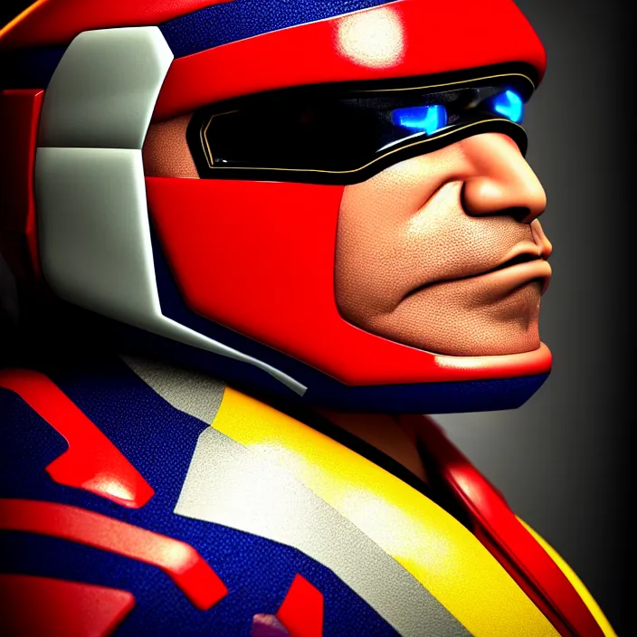 Prompt: cinematic bust portrait, captin falcon from f - zero, head and chest only, thawan duchanee, masterpiece, cinematic composition, dramatic pose, beautiful lighting, sharp, details, hyper - detailed, hd, 4 k