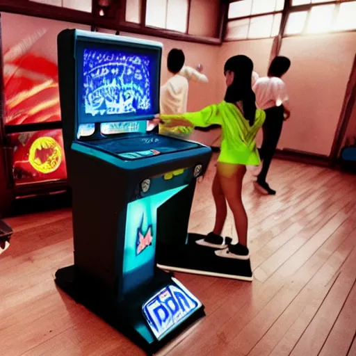 Image similar to a ddr machine with people playing it in the year 1 9 9 9 in japan, photorealistic, ultra realistic, hd, 8 k