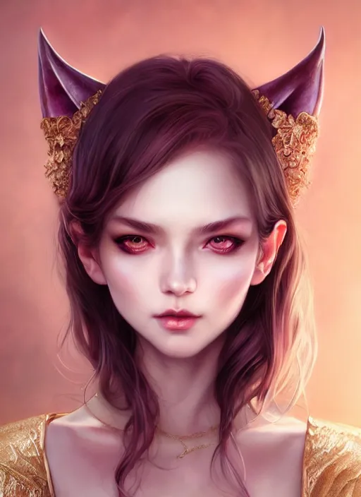 Image similar to dreamlike luxury stunning devil portrait, pale pink and gold kimono, art by artgerm, wlop, loish, ilya kuvshinov, 8 k realistic, hyperdetailed, beautiful lighting, detailed background, depth of field, symmetrical face, frostbite 3 engine, cryengine,