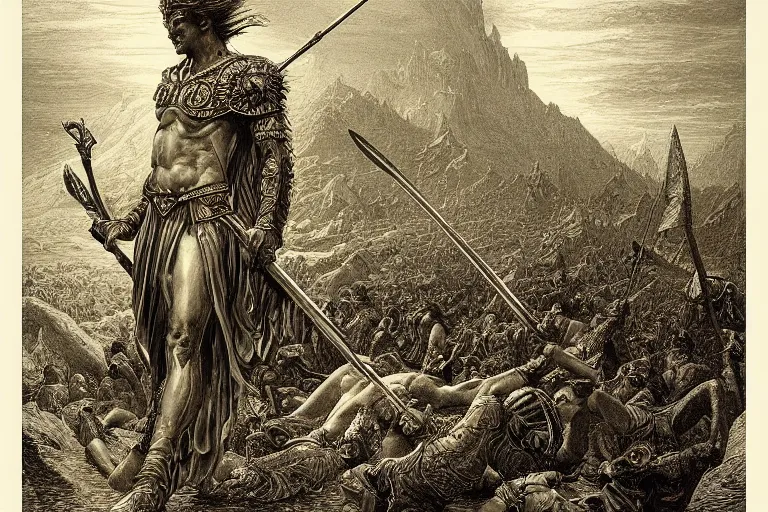 Image similar to highly detailed and cinematic romantic, edge of the universe, the great greek warrior with a spear, symmetrical face, magical, greek myth, masterpiece, from the book of the long sun by gene wolfe, highly detailed painting by gustave dore