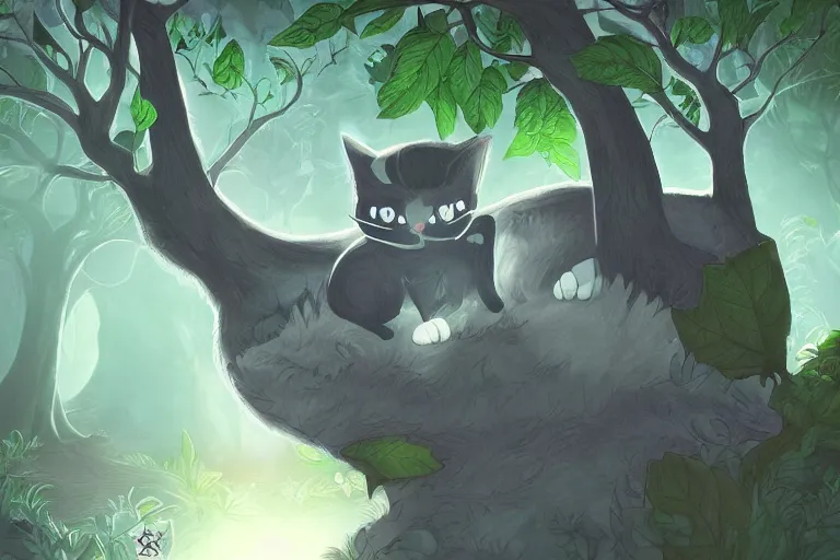 Image similar to a cat in a dark forest, highly detailed, digital art, trending on artstation, backlighting, by kawacy, by ken sugimori, fan art