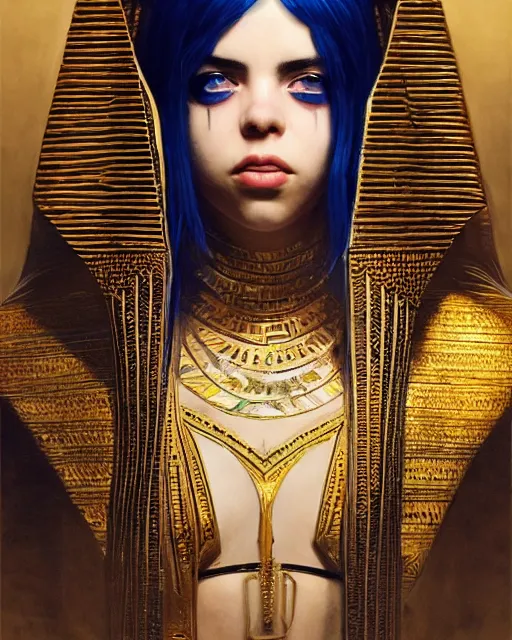 Image similar to Billie Eilish as a beautiful egyptian princess, gorgeous, portrait, Symmetrical, powerful, intricate, beautiful, masterpiece, elegant, volumetric lighting, highly detailed, artstation, sharp focus, no cropping, illustration, Jean-Leon Gerome , ruan jia