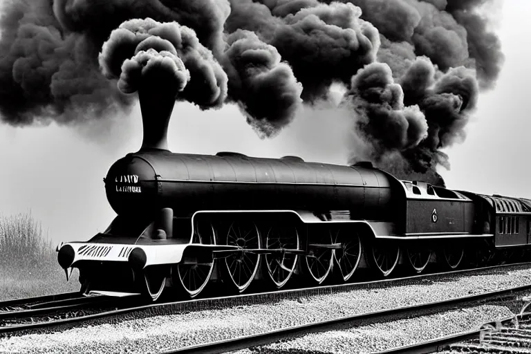 Prompt: black and white photograph of lner a 4 mallard thundering down the rails at high speed, black smoke coming from the locomotive, cinematic, volumetric light, f 6 aperture, cinematic eastman 5 3 8 4 film