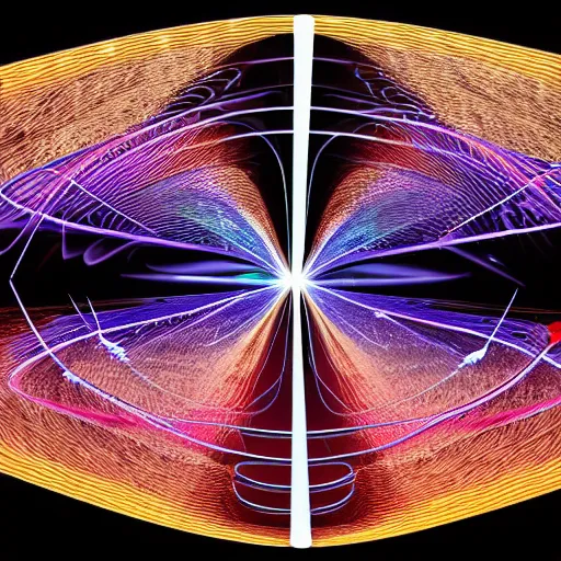 Prompt: the double slit experiment wave function collapsing into particles quantum entanglement surrealism