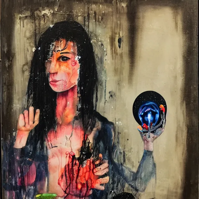 Image similar to a portrait in a dark apartment, moonlight from a window, a female art student holding a jellyfish, milk puddles, berries, broken bottles, metaphysical, neo - expressionism, surrealism, acrylic and spray paint and oilstick on canvas