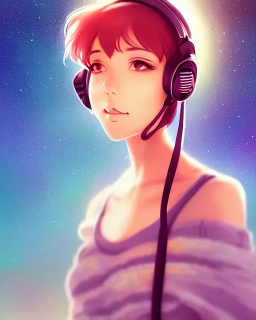 Prompt: Portrait of an elegant woman with headphones in a warm glowing scenery, sunset, fantasy, anime, intricate sparkling atmosphere, artstation, hosada, studio ghibli, artgerm