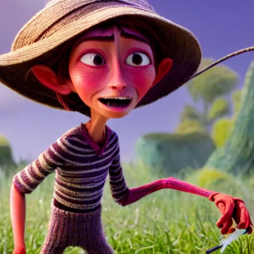 Image similar to a stopmotion animation character, a beautiful canadian woman, pulling weeds out frantically, some grey hair, stripey pants, octane render, 8 k, kubo and the two strings, jan svankmayer, disney, pixar,