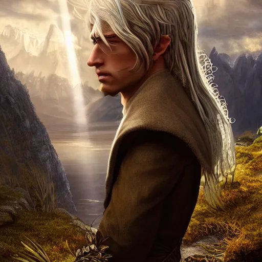 Image similar to a portrait of a handsome elven prince, white fringy hair, epic beautiful landscape, backlit, incredible lighting, strong rim light, subsurface scattering, highly detailed, god rays, digital painting, HDRI, by Heise Jinyao, Heise-Lian Yan Fang, Feimo, Richard Taddei, vivid colors, high contrast, 8k resolution, intricate, photorealistic, smooth