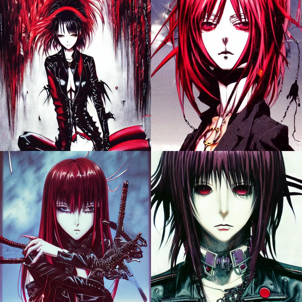 Prompt: highly detailed coherent professional 9 0 s seinen anime art of badass goth woman with red hair, leather clothes, black makeup, and red eyes. chunibyo. horror postcyberpunk action manga cover promotional art. detailed and intricate environment. drawn by ilya kuvshinov and painted by zdzislaw beksinski, pencils by tsutomu nihei