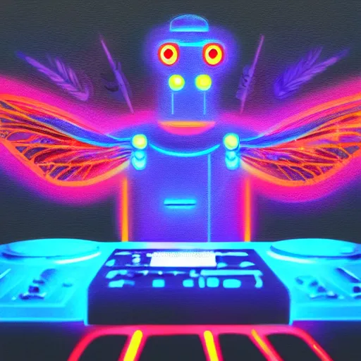 Image similar to A hd paint of a robot Dj playing his mixer in a rave with a lot of dragonflies around him. Epic art, masterpiece, neon dragonfly, lights