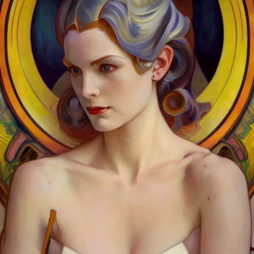 Image similar to a streamline moderne painting in the style of donato giancola, and in the style of charlie bowater, and in the style of alphonse mucha. symmetry, smooth, sharp focus, semi - realism, intricate detail.