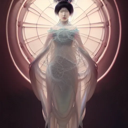 Prompt: ultra realistic illustration, a japanese female digital ghost queen, transparent, static, intricate, elegant, highly detailed, digital painting, artstation, concept art, smooth, sharp focus, illustration, art by artgerm and greg rutkowski and alphonse mucha