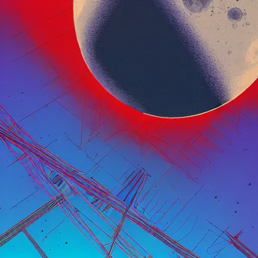 Prompt: the moon. digital painting, vertical, intricate, beautiful, detailed, grunge, sharp focus, abstract art by kuvshino and el lissitzky and artgerm and kandinsky, trending on artstation. blue, dark red and dark purple color scheme, gradient darker to bottom