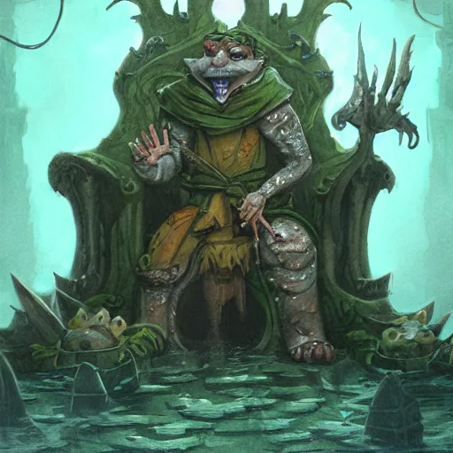 Prompt: murky sewer scene with an evil rat king sitting on a throne and grinning, surrounded by other rats. trending on artstation, fantasy illustration, rat people, extremely detailed