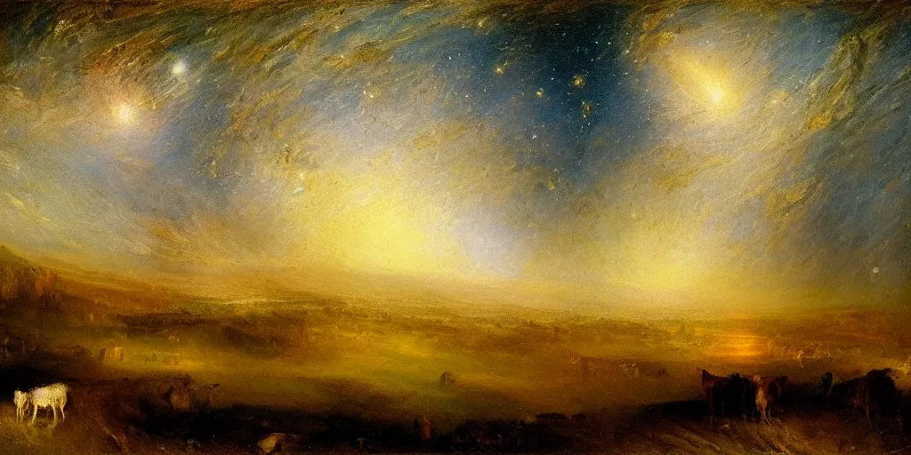 Image similar to stunning farm landscape with sky full of galaxies by j. m. w turner