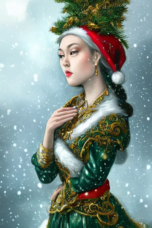Image similar to a beautiful empress portrait, with a brilliant, impossible striking big Christmas tree headpiece, Santa clothes, everything Christmas, snow, Christmas ornaments, symmetrical, dramatic studio lighting, rococo, baroque, greens, asian, hyperrealism, closeup, D&D, fantasy, intricate, elegant, highly detailed, digital painting, artstation, octane render, 8k, concept art, matte, sharp focus, illustration, art by Artgerm and Greg Rutkowski and Alphonse Mucha