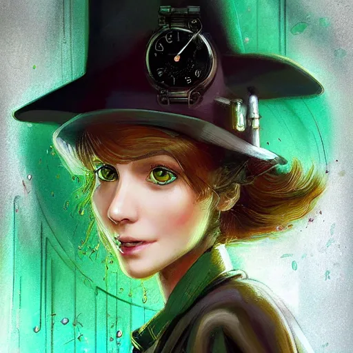 Image similar to close up portrait of a young female as sherlock Holmes with straight hair has an epic idea, pixar style, stylized face, intricate detail, digital painting, gears, watches, steampunk, glowing eye, biomechanical, trash polka, raining, faded green, particles floating, industrial background by marc simonetti + wlop, artwork by ross tran + ramond swanland + liam wong +mike winklemann + wlop